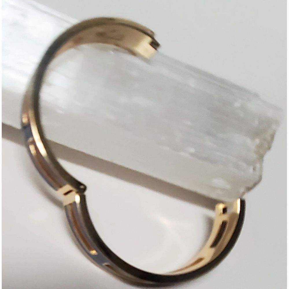 J. Crew Bracelet Hinged with Lock Navy Blue Enamel Gold Pierced Panels Bordered - Picture 11 of 12